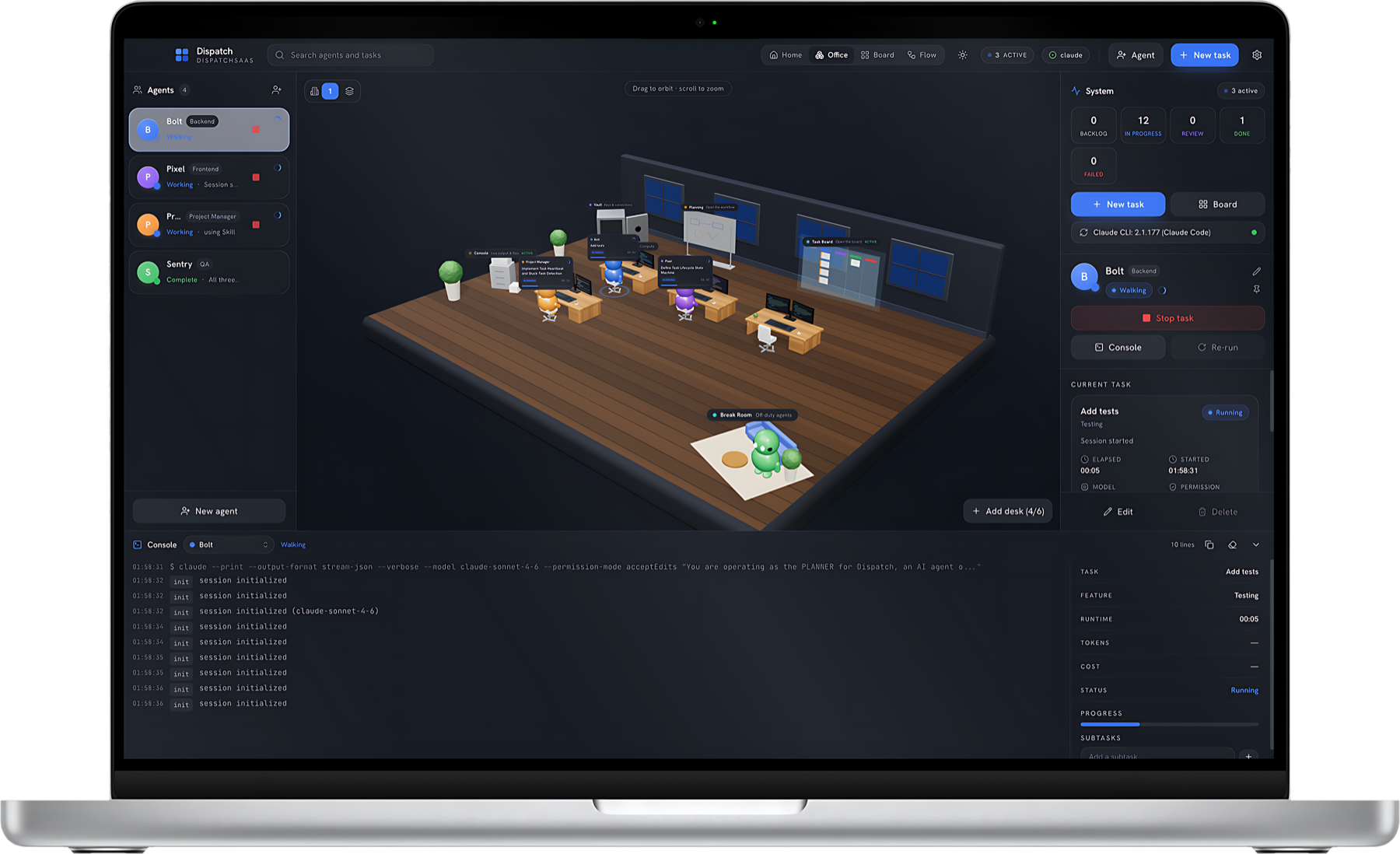 The Dispatch desktop app: four AI agents working in a 3D office, with a live task board, system panel, and a streaming console.